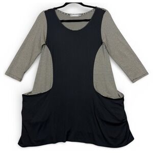 Alemika Striped Contrast Pocket Tunic Dress Black Beige Size 1